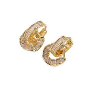 Elegant 14K gold plated interlocking hoop earrings featuring clear baguette cut zircons