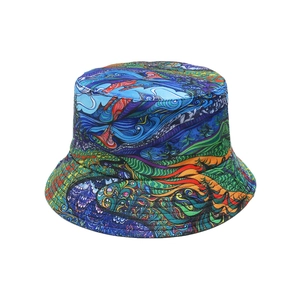 Close-up of vibrant abstract art print on a breathable bucket hat for sun protection