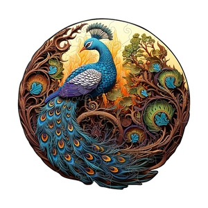 Macro detail of irregular wooden jigsaw pieces featuring colorful peacock art patterns