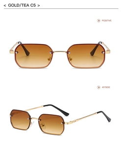 Detail view of gold metal sunglasses with tea gradient lenses from multiple angles