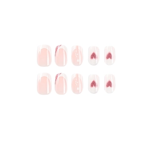 French tip press-on nails set with pink glitter hearts and minimalist line designs