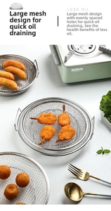Detail of round stainless steel cooling rack with handles for draining fried food oil