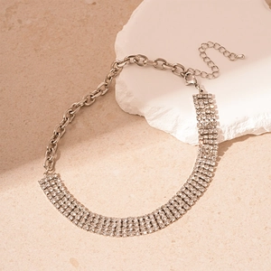 Luxurious silver chain necklace with four rows of sparkling rhinestones for women