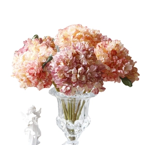 Vintage hydrangea bouquet in coral pink and yellow gradient in a glass vase decor