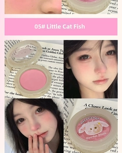 Detail of Herorange powder blush 05 Peach Pink with cute cat illustration on packaging