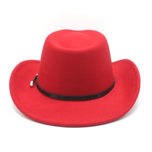 Top view of a bright red felt cowboy hat with a black leather band and metal hardware