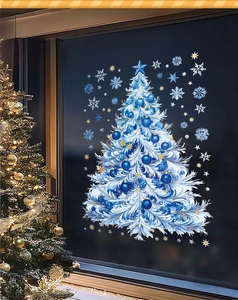 Detailed blue Christmas tree window sticker with white snowflakes and gold star accents