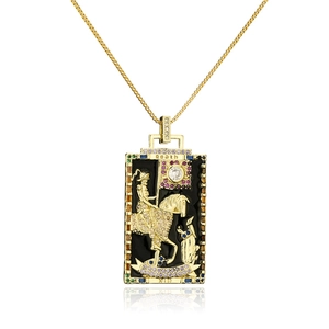 18K gold plated Death Tarot card necklace with black enamel and colorful crystals
