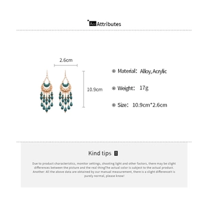 Detail specifications of vintage ethnic crescent tassel earrings with acrylic beads