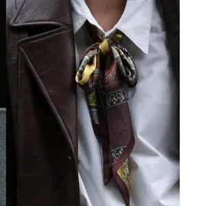 Gros plan d'un collier foulard en soie à imprimé cachemire avec nœud élégant
