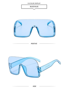 Detail view of sky blue semi-rimless sunglasses with model W88501 specs and PC frame