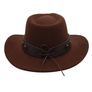 Detail of dark brown felt cowboy hat with leather band and metal rivet accents