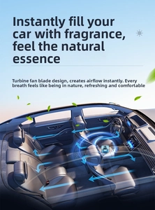 Detail view of a blue solar turbine car air freshener with rotating airflow on car armrest