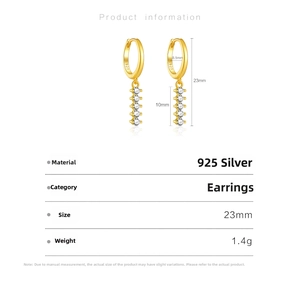 Detailed size chart for S925 sterling silver hoop earrings with five vertical cubic zirconia