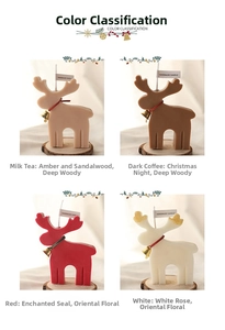 Detailed view of handmade reindeer-shaped scented candles in four colors with wooden bases