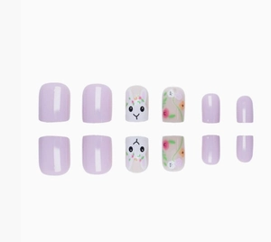 Short square press-on nails featuring purple colors, bunny designs and floral patterns