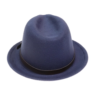 Detail of navy wool jazz hat featuring a black leather belt and elegant curved brim