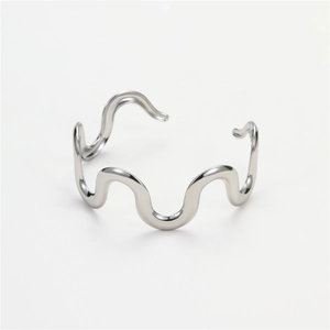 Polished silver stainless steel wavy open cuff bracelet with minimalist mirror finish