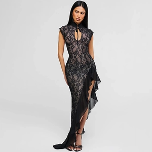 Elegant black mesh lace sleeveless long dress with high slit and mandarin collar