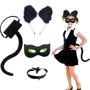 Halloween Cat Ear Headband Tail Bowtie Tutu Skirt Plush Mesh Animal Costume Accessories For Kids Girls