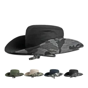 Chapeau Bob Camouflage Extérieur Coton Large Bord Protection Solaire Randonnée Pêche Boonie Hat Avec Corde Coupe-Vent Pour Hommes