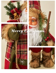 Detail of Santa Claus figure featuring red plaid fabric, faux fur boots, and gold glasses