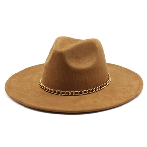 Retro brown wide brim fedora hat featuring a stylish gold metal chain decoration