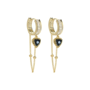 Elegant gold hoop earrings with blue zircon heart pendants and delicate chain tassels