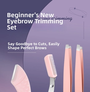 Pink eyebrow grooming tool set featuring trimmers and tweezers on purple background