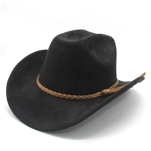 Classic black suede jazz fedora hat with brown braided leather fringe band for women