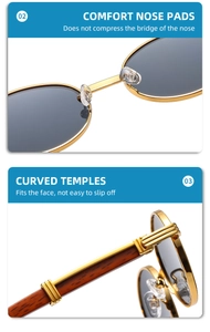Detail of comfort silicone nose pads and curved wood grain temples on retro metal sunglasses