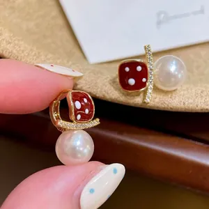 Retro Red Polka Dot Enamel Geometric Square Drop Earrings With Imitation Artificial Pearl And Rhinestone Gold Plated For Women