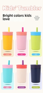 Close-up of six colorful kids' stainless steel tumblers with matching straws and lids