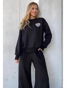 Women's black lounge set with heart print sweatshirt and matching drawstring trousers