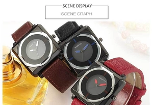 Three elegant square quartz watches with leather straps and colorful dials shown close-up