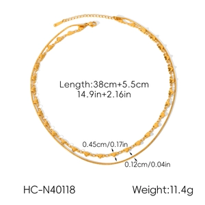Detailed specs of double-layer gold heart and snake chain necklace with dimensions