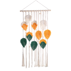 Handwoven macrame wall hanging with colorful feather leaf tassels and wooden beads decor