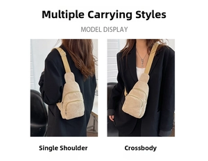 Detailansicht der beigen Cord-Umhängetasche mit Schulter- und Crossbody-Tragevarianten
