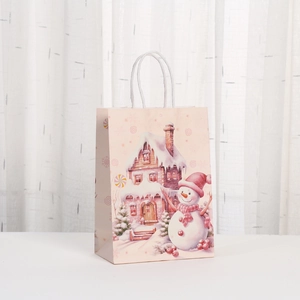 Pink Christmas kraft paper gift bag with snowman and snow-covered house illustration