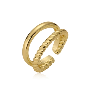 Minimalist gold-plated double-layer leaf open ring with smooth and twisted rope texture