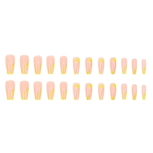 Long coffin french fake nails with yellow floral patterns and diagonal lines 24pcs set