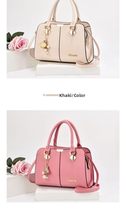 Détail de sacs Boston en kaki et rose avec gland floral et cuir PU texturé de qualité