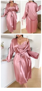 Dusty pink satin robe and nightgown set with waist tie detail for plus size women