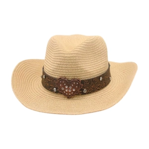 Detailed view of breathable straw cowboy sun hat with sparkling rhinestone heart buckle