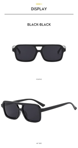 Front and 45-degree side views of black double-bridge pilot sunglasses with large square frames