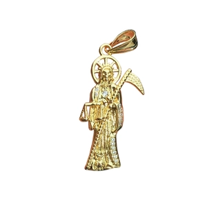 Gold-plated Santa Muerte pendant necklace with scythe and scales featuring white zircon inlay