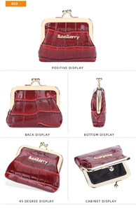 Detailed views of wine red crocodile texture coin purse with gold clasp closure