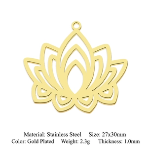 Macro shot of 27x30mm gold plated stainless steel lotus flower pendant with size specs