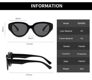 Detailed size specifications and technical parameters for cat eye oval sunglasses