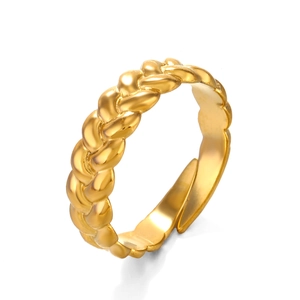 Gold twisted rope style stainless steel open ring with adjustable minimalist design
